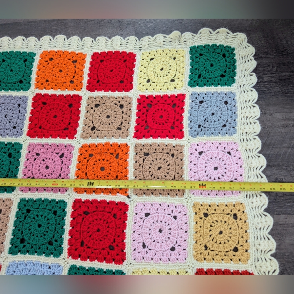 Vtg Granny Square Afghan Blanket Throw Handmade 58x61 White Multicolor Crochet - Picture 3 of 5